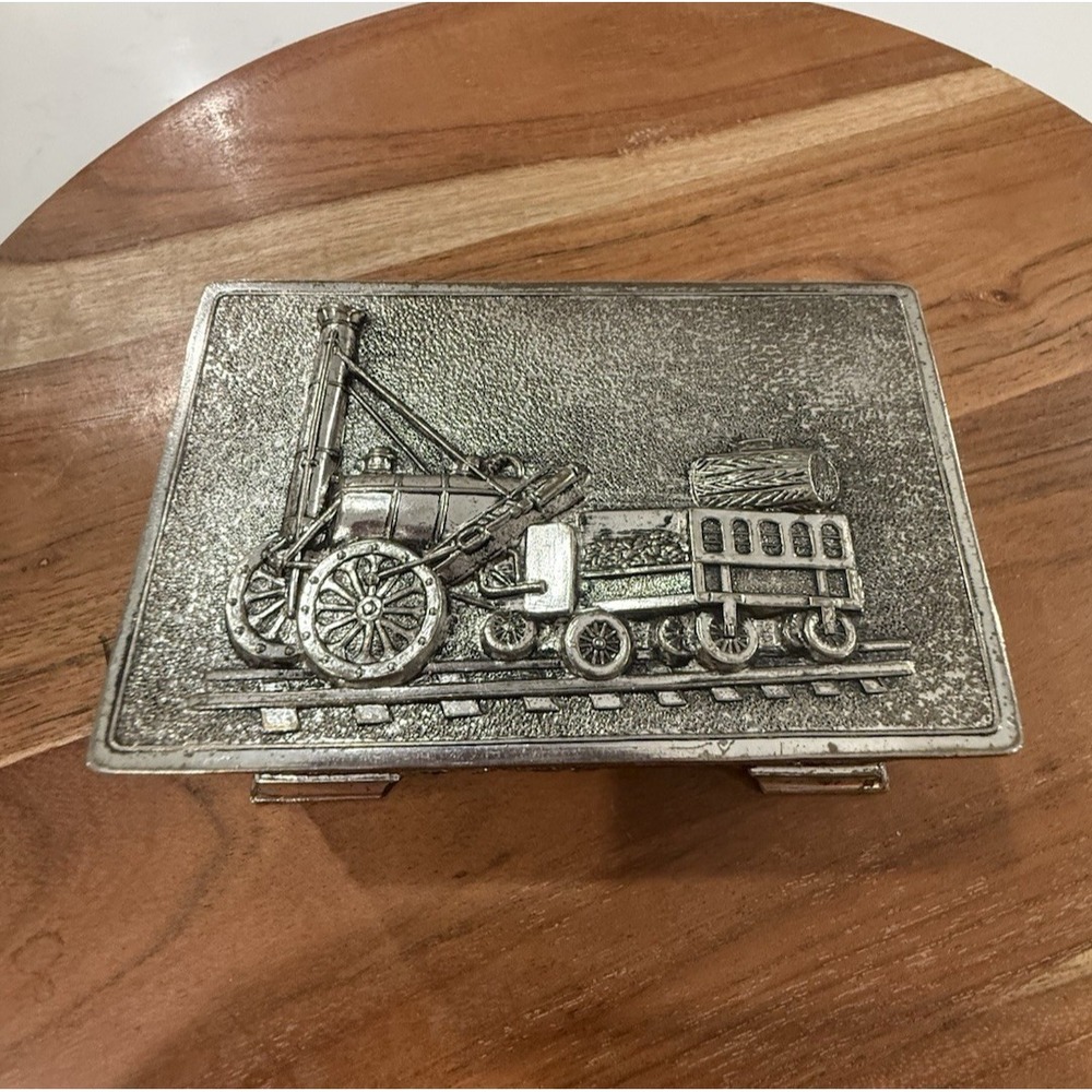 Unbranded Vtg Embossed Steam Engine Trinket/Jewelry Box Hinged & Footed 4"x 1.5"